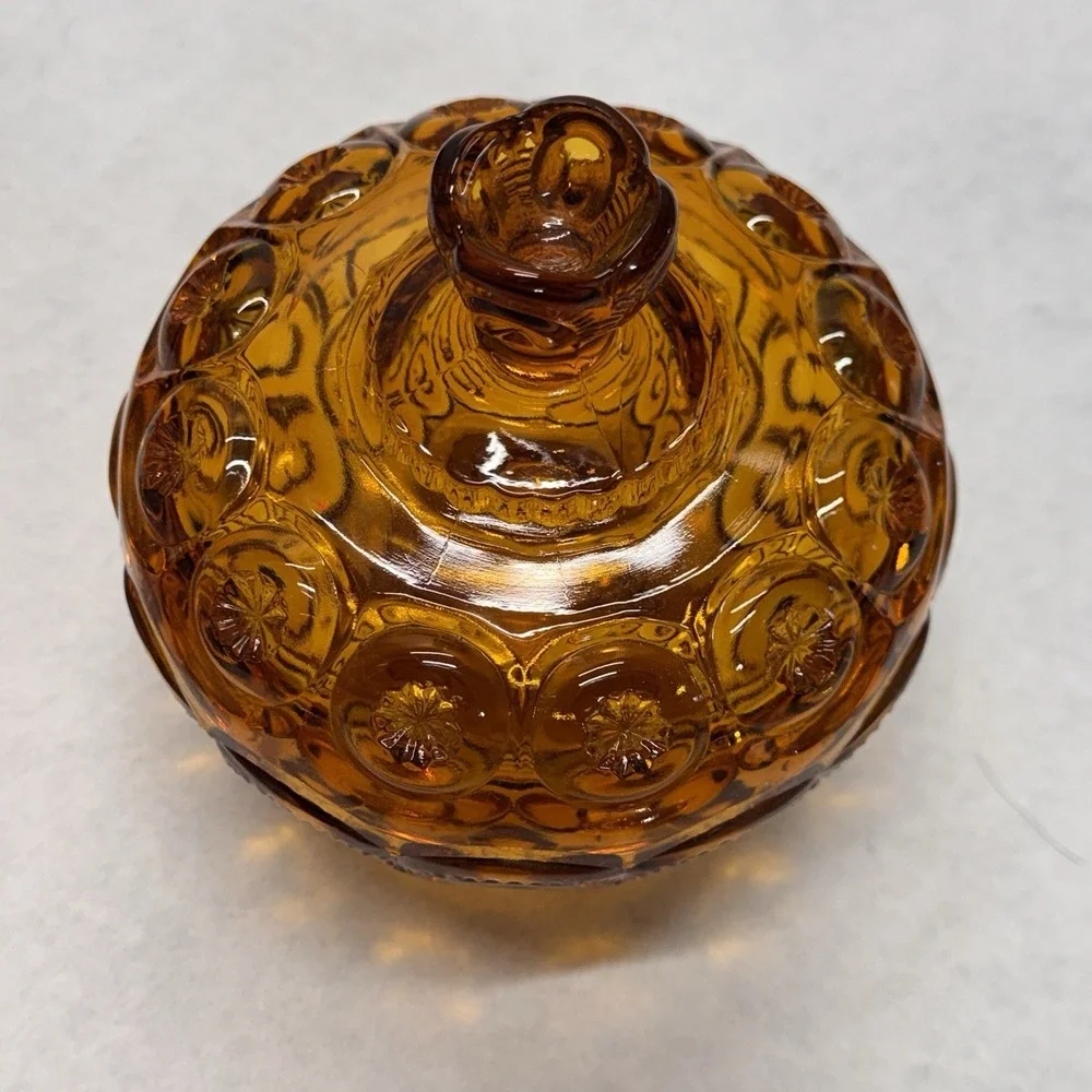 L.E. Smith Candy Dish Amber Vintage Moon and Star Glass Pedestal Lidded MCM Bowl